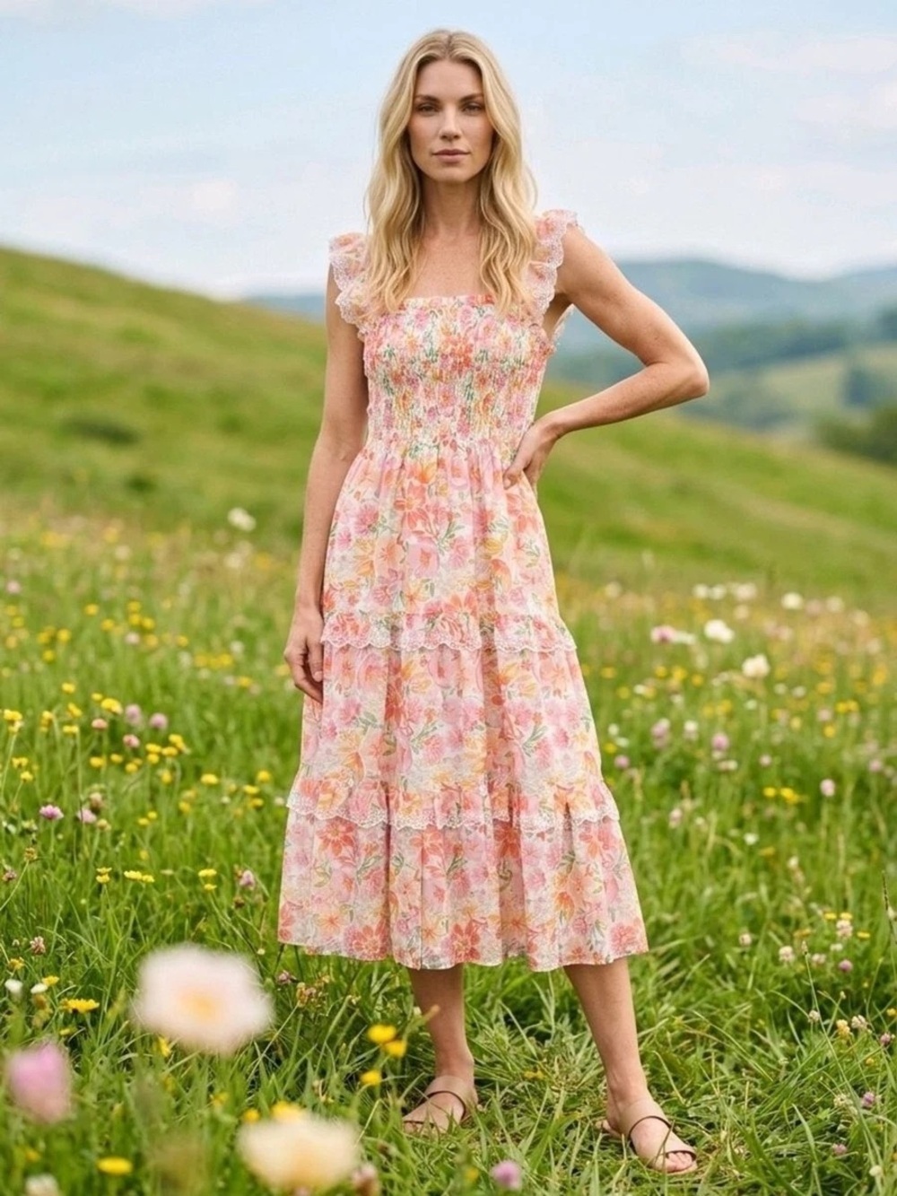 [NWT] HAUTE HIPPIE Smocked Midi Dress in Pink and Orange Floral. Small/2